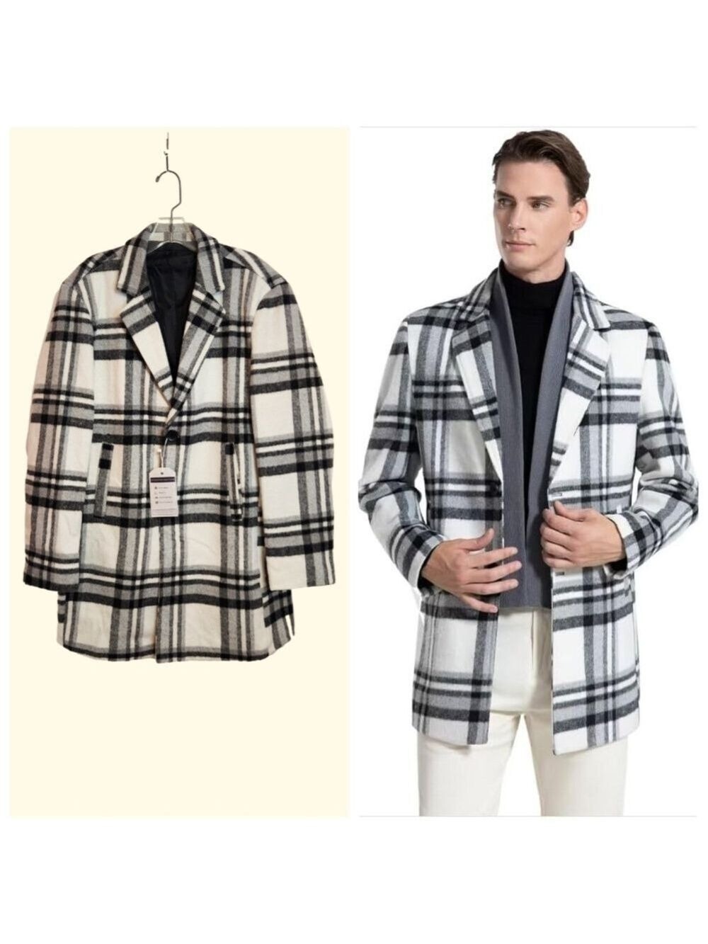 Amazon Wool Blend Plaid Mens Trench Coat Winter Overcoat White/Black Medium